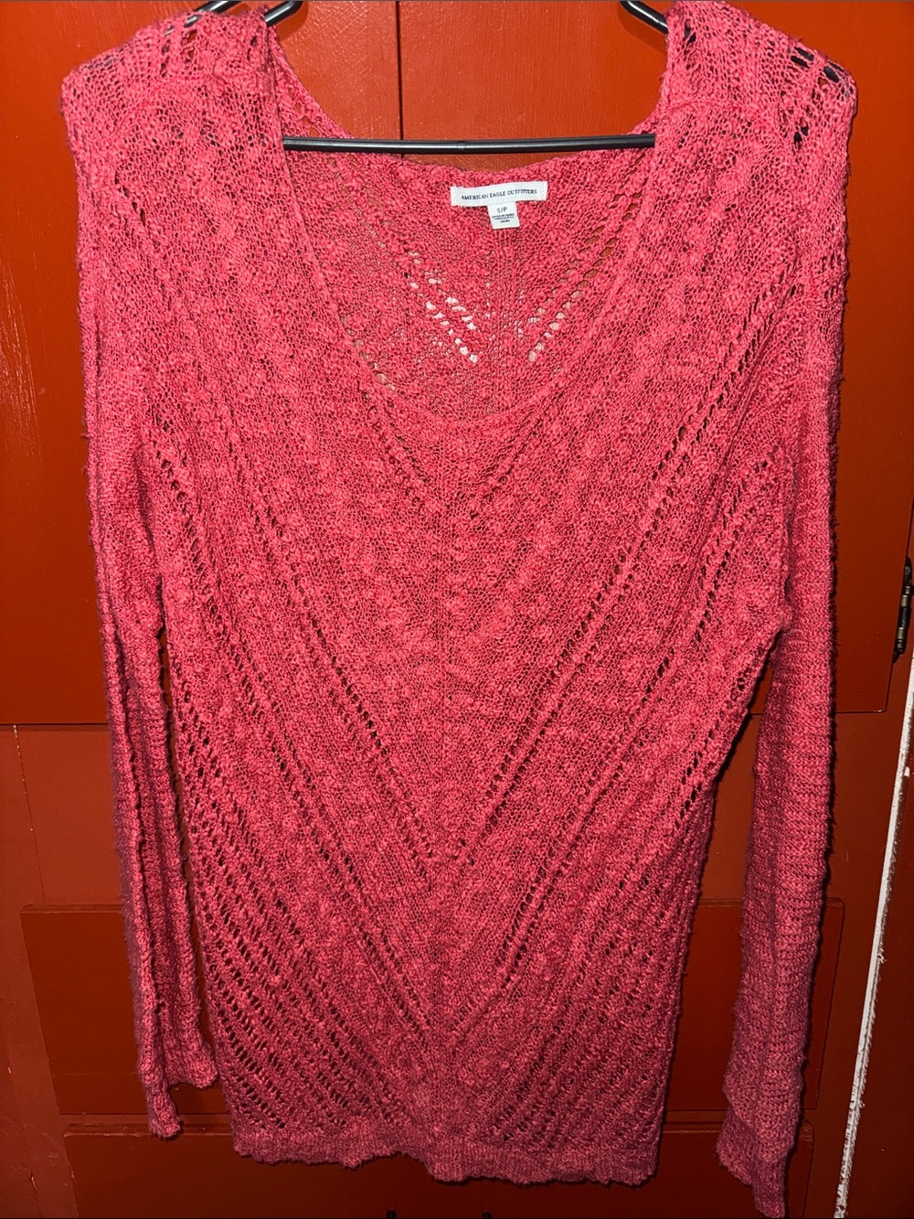 American Eagle Outfitters Pink Coral V-Neck Open Knit Sweater